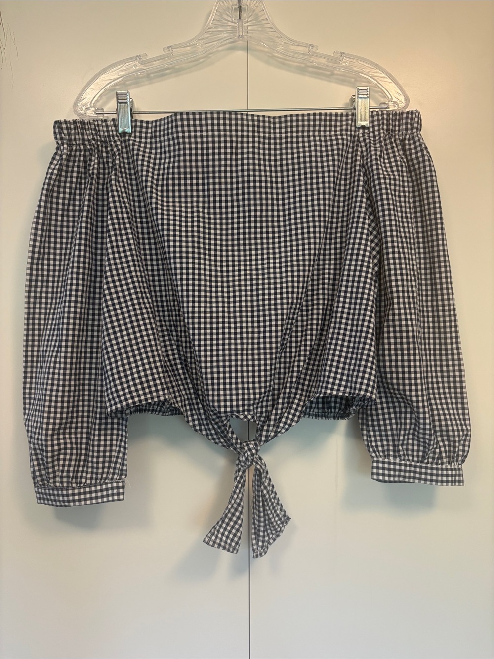 Gingham Off-Shoulder Tie Front Top - Black & White L